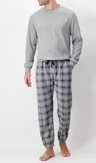 Long Pajamas in Warm Cotton with Check Print - PEROFIL