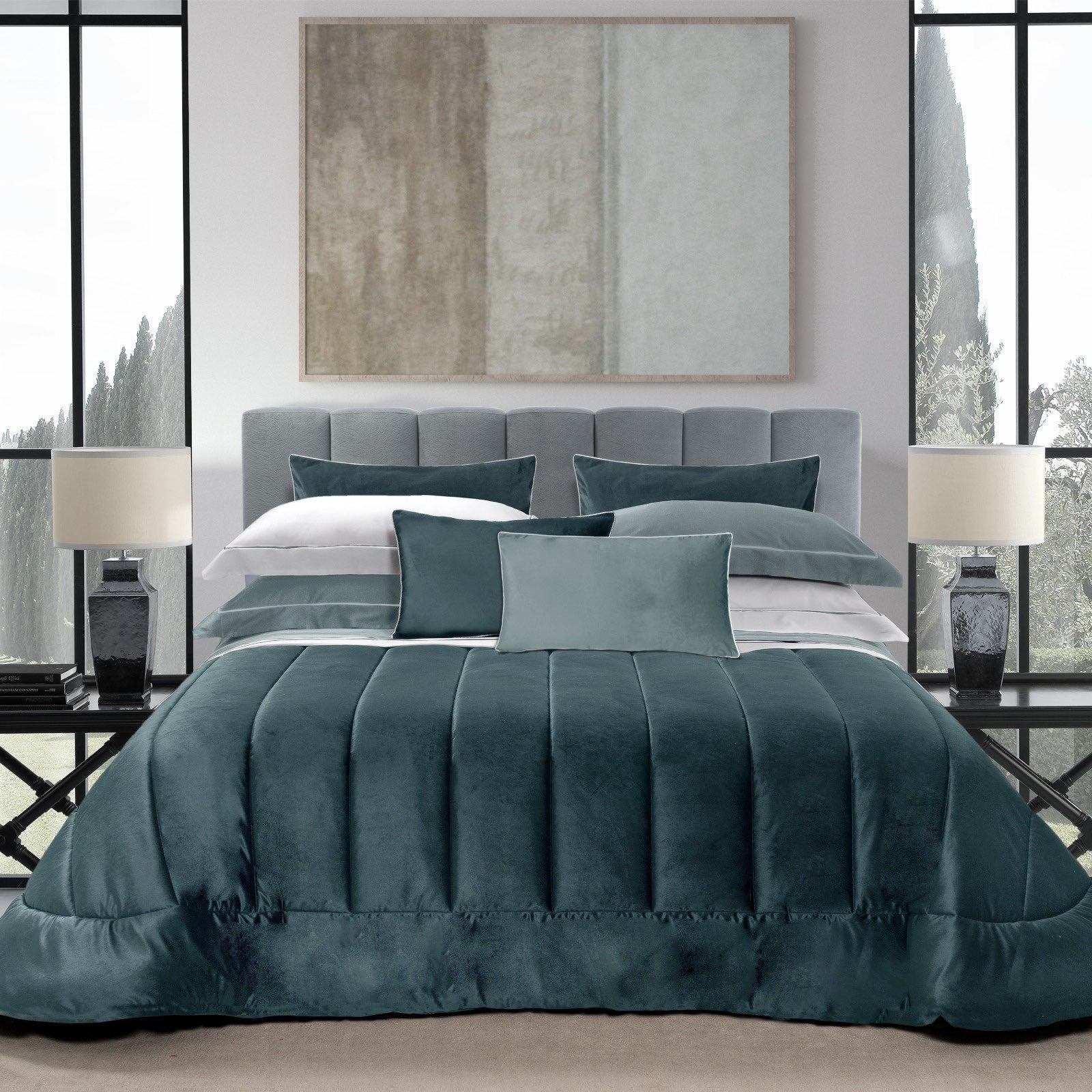 Letto con contenitore e testiera doppia 200x200cm in velluto grigio Letto con contenitore e testiera doppia 200x200cm in velluto grigio